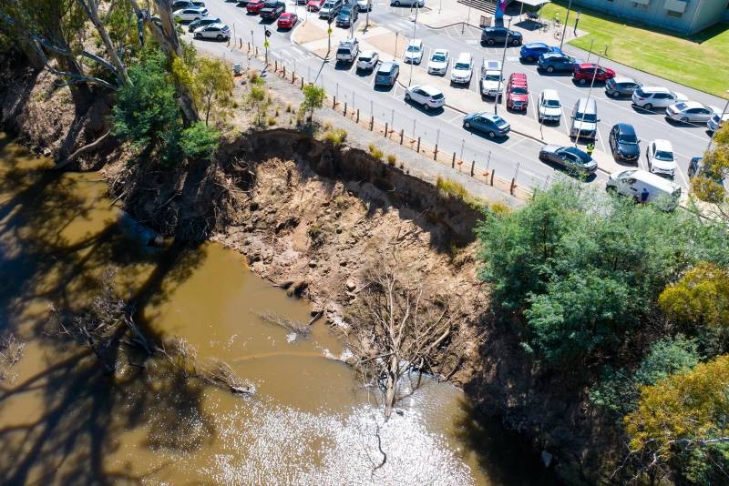 An aerial shot showing the erosion site that the river bank remediation works will rectify.